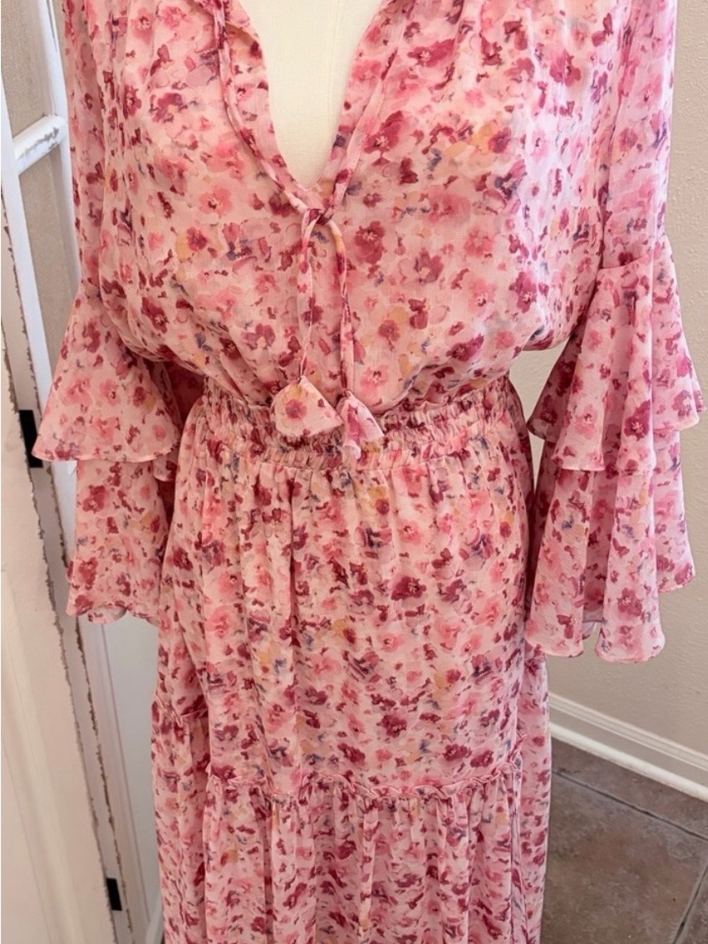 MISA Los Angeles Coco Midi Dress Bell Sleeve XS Pink Ditsy Floral Boho NWT